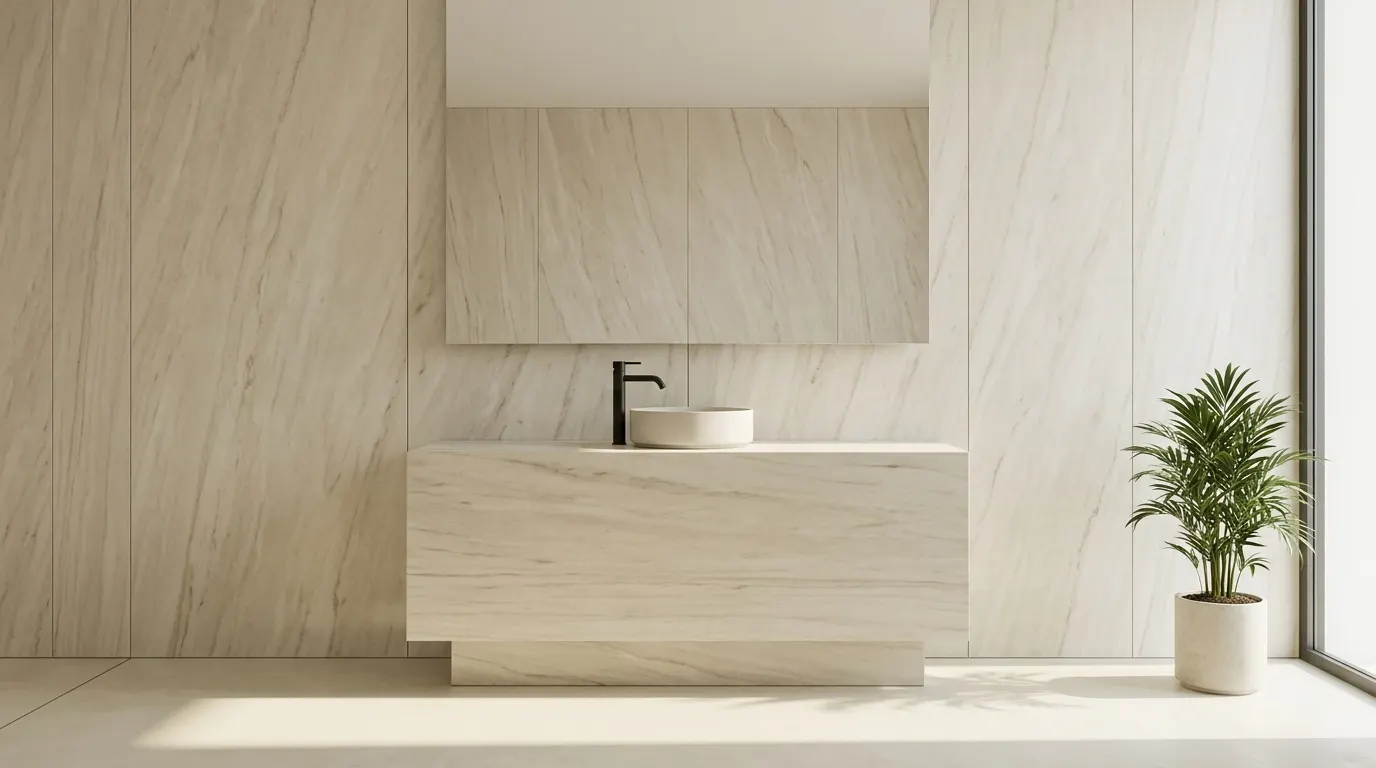 Muro de baño residencial recubierto con película arquitectónica autoadhesiva junto a una zona de lavabo ventilada