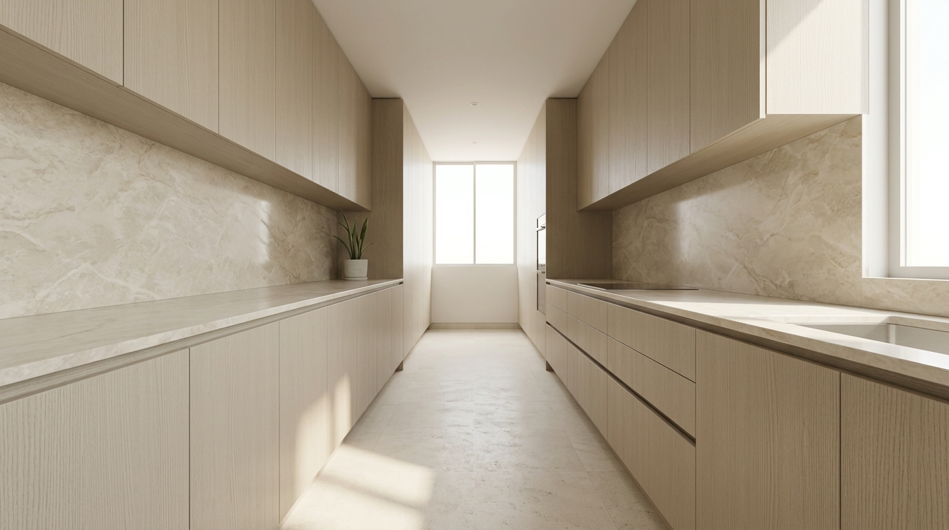 Cocina tipo pasillo con muebles en acabado madera