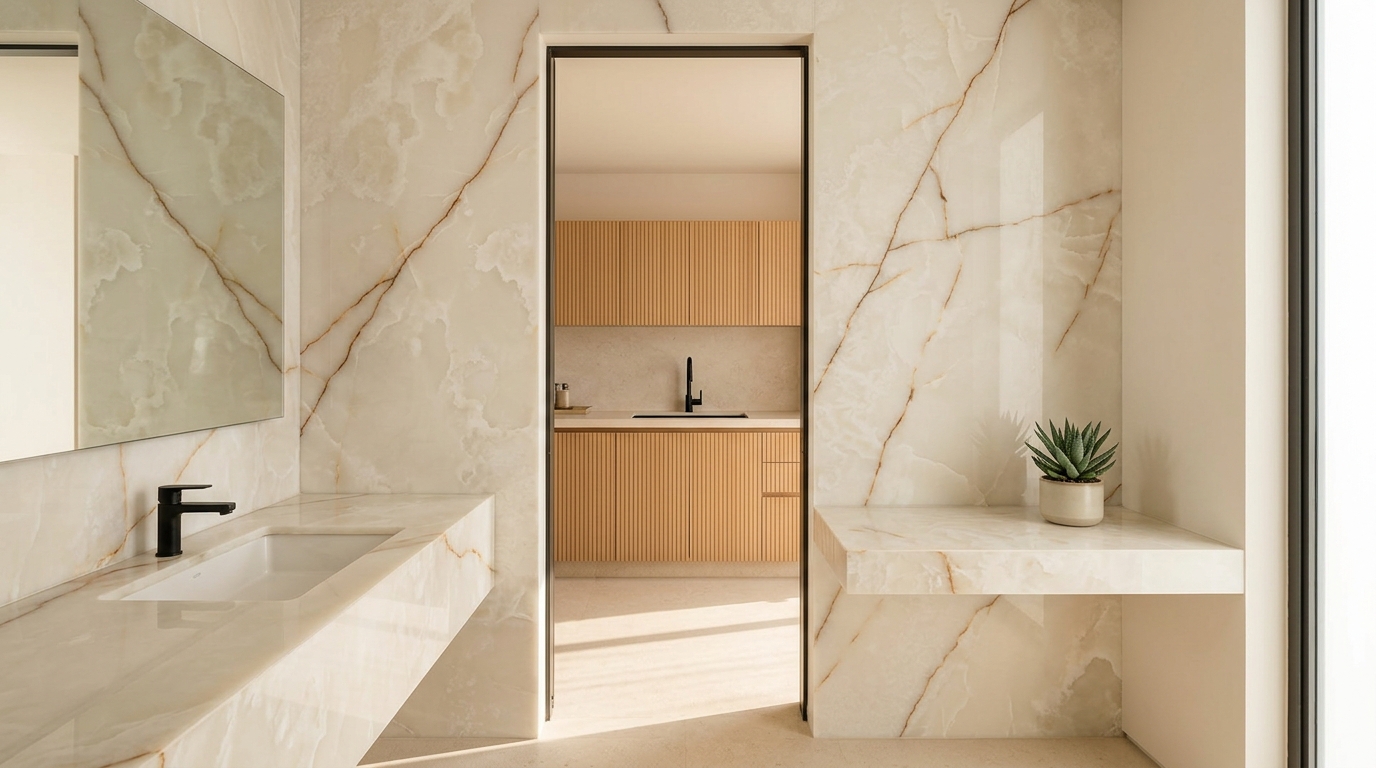 Baño con muros y lavabo en acabado de mármol claro