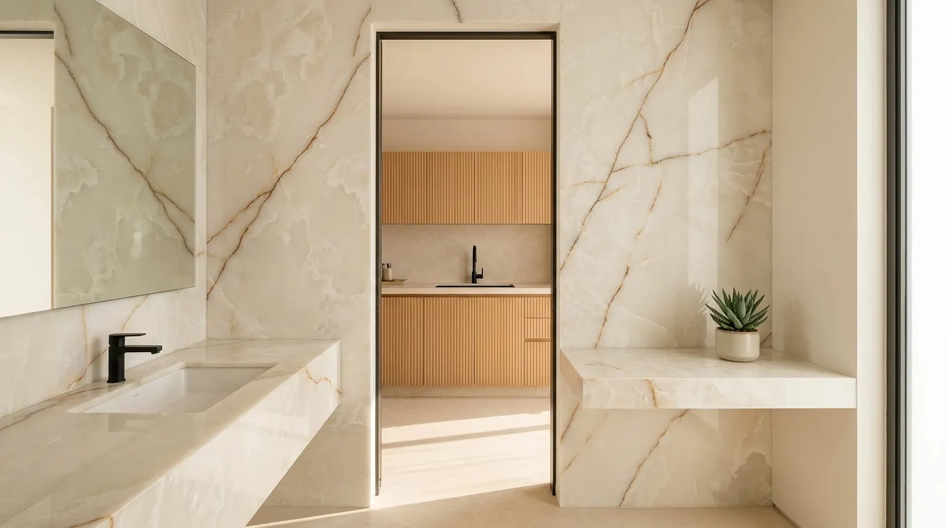 Frentes de alacena y mueble de lavabo revestidos con película arquitectónica autoadhesiva