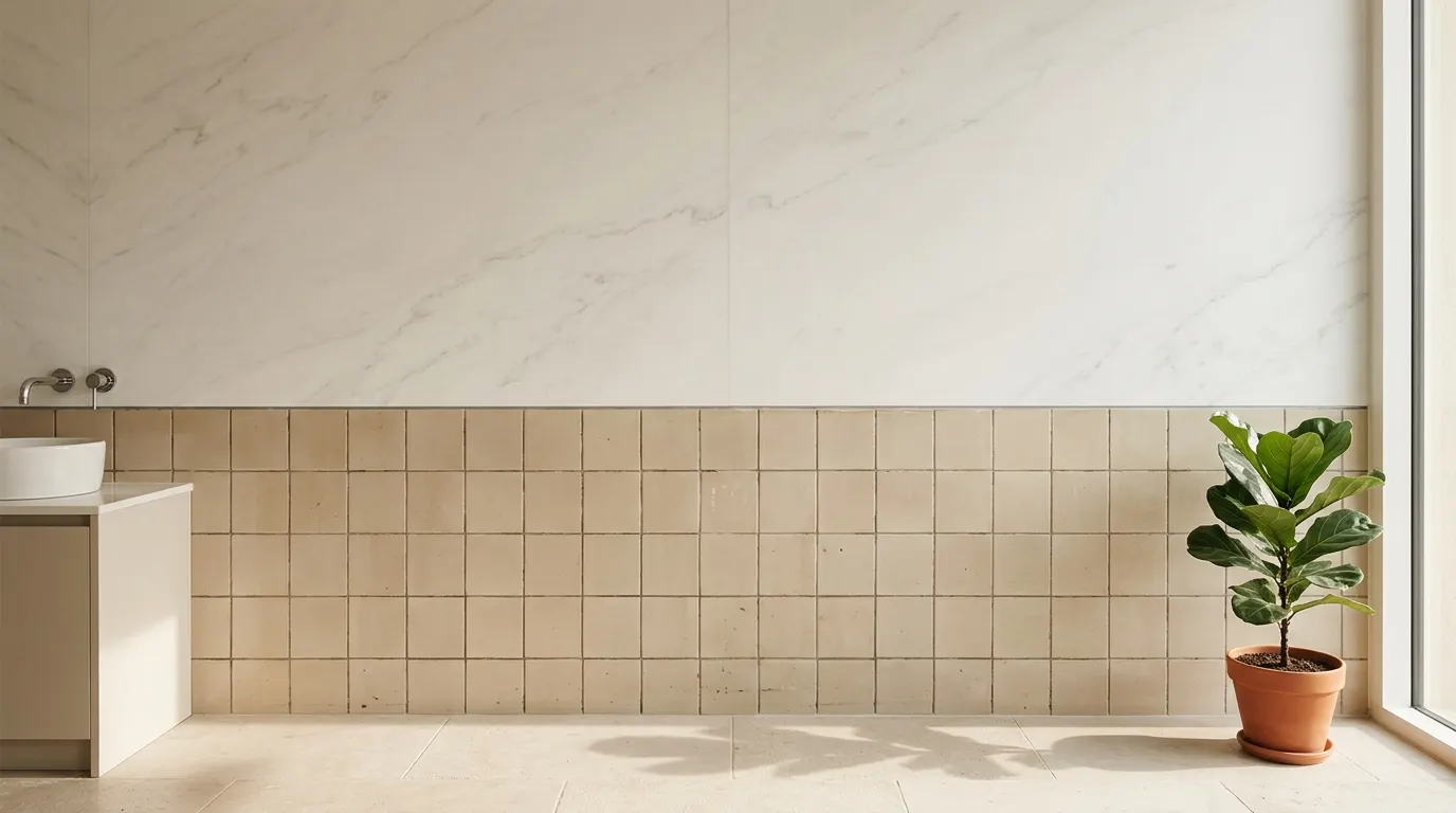 Muro de azulejo de cocina cubierto con película arquitectónica en acabado mármol gris