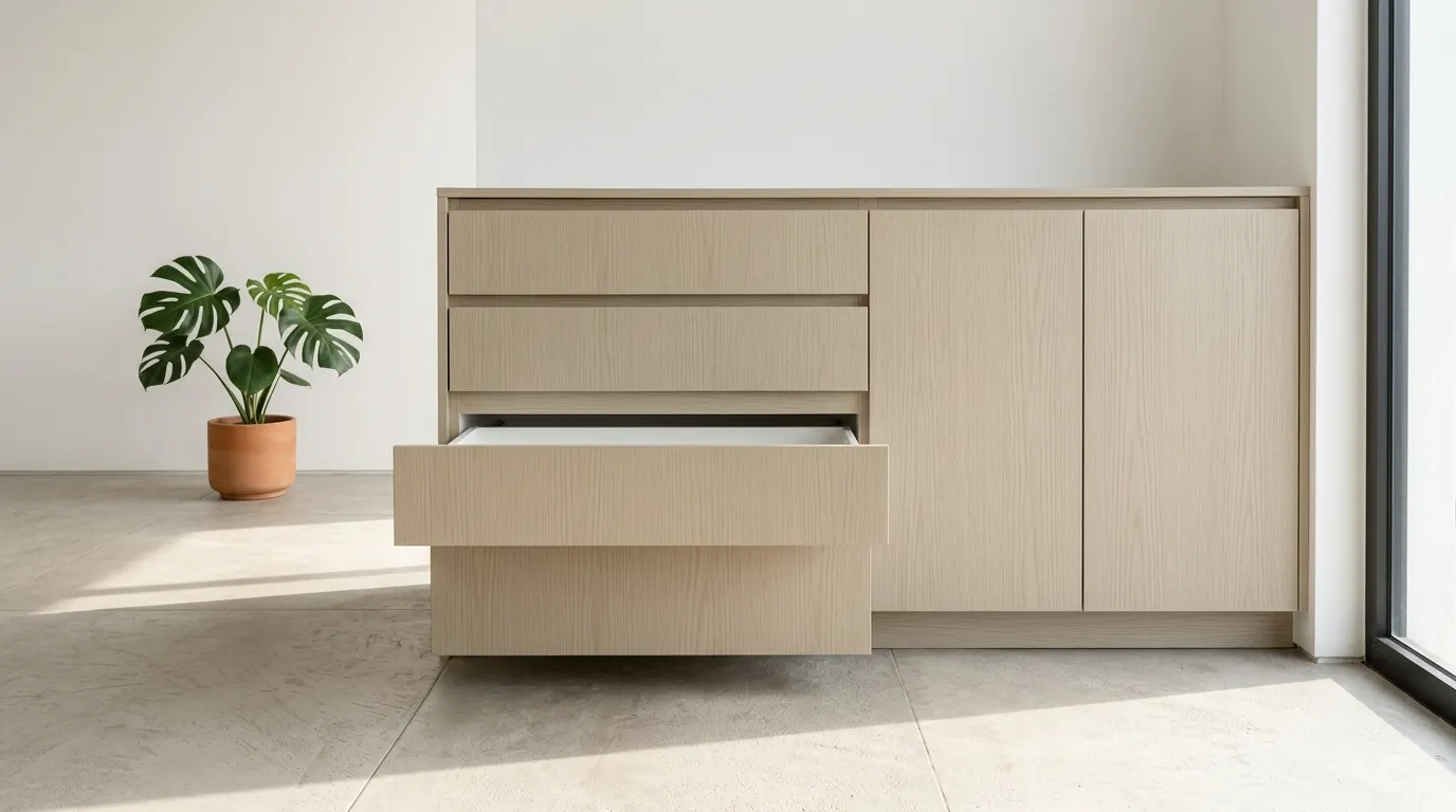 Frente de mueble de cocina durante la aplicación de una película arquitectónica autoadhesiva con acabado madera