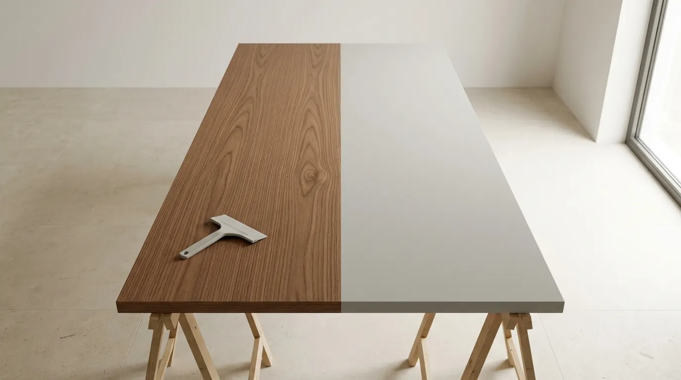 Instalador aplicando vinilo arquitectónico sobre una puerta de madera con espátula de fieltro