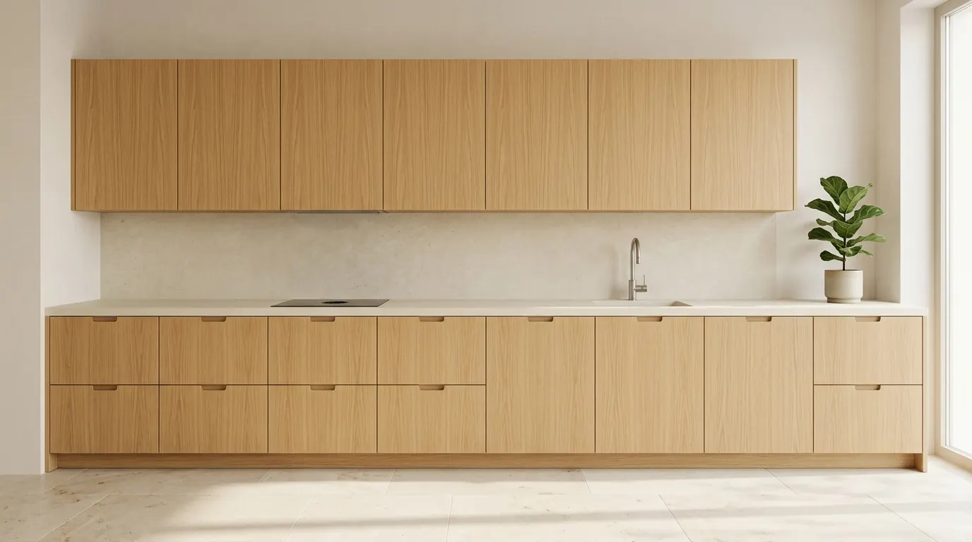 Frentes de gabinetes de cocina recubiertos con acabado de madera clara sobre estructura existente