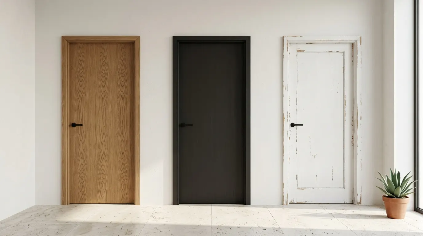 Puerta interior de oficina renovada con vinilo arquitectónico acabado madera